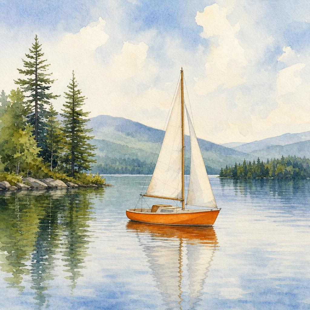 Watercolor illustration of a small orange sailboat on a quiet lake